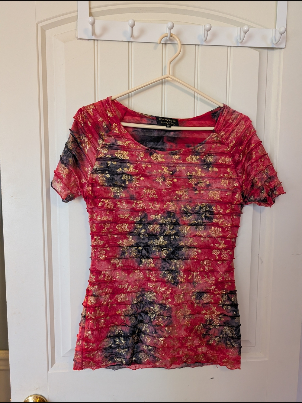 Champagne Red Short Sleeve Ruffle Tee with Gold Floral Accents